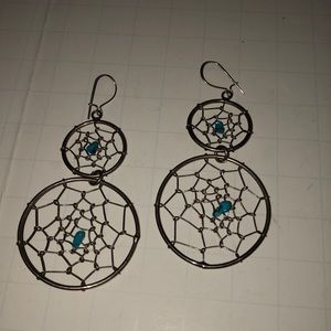 Silver tone wire pierced dream catcher earrings